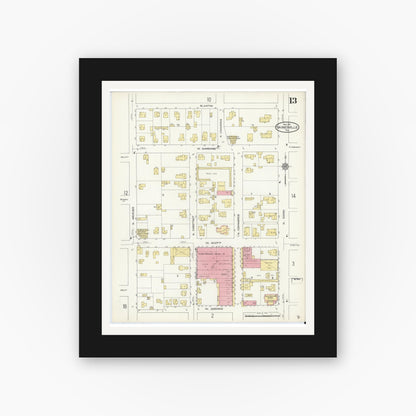 Old map wall art mockup — black gallery frame with white mat — Sanborn Fire Insurance Map from Gainesville, Cooke County, Texas (1913), Sheet #0013