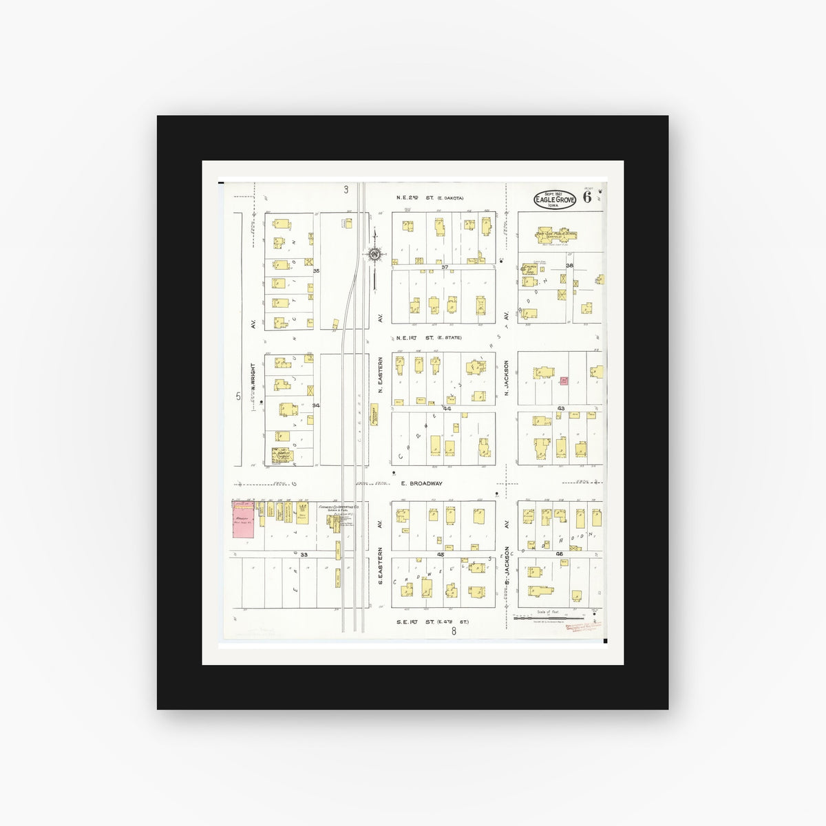 Old map wall art mockup — black gallery frame with white mat — Sanborn Fire Insurance Map from Eagle Grove, Wright County, Iowa (1921), Sheet #0006