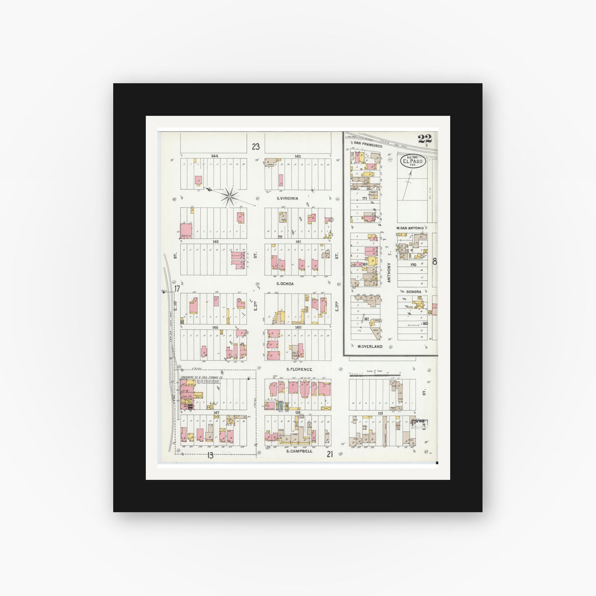 Old map wall art mockup — black gallery frame with white mat — Sanborn Fire Insurance Map from El Paso, El Paso County, Texas (1900), Sheet #0022