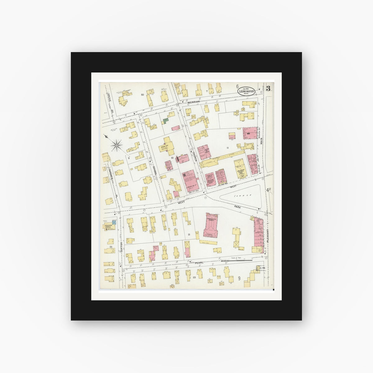 Old map wall art mockup — black gallery frame with white mat — Sanborn Fire Insurance Map from Leominster, Worcester County, Massachusetts (1901), Sheet #0003