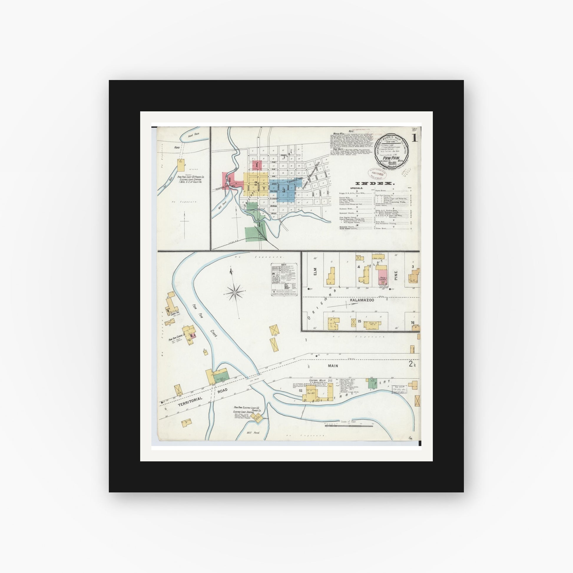 Old map wall art mockup — black gallery frame with white mat — Sanborn Fire Insurance Map from Paw Paw, Van Buren County, Michigan (1899) - Complete Map Set