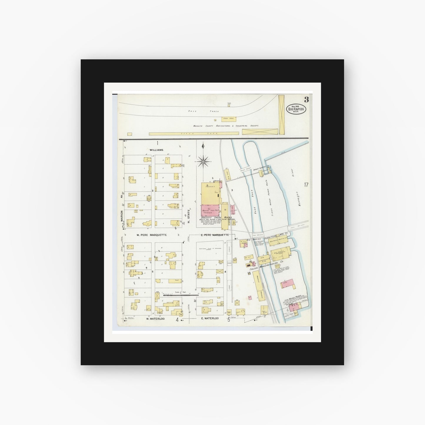Old map wall art mockup — black gallery frame with white mat — Sanborn Fire Insurance Map from Big Rapids, Mecosta County, Michigan (1908), Sheet #0003