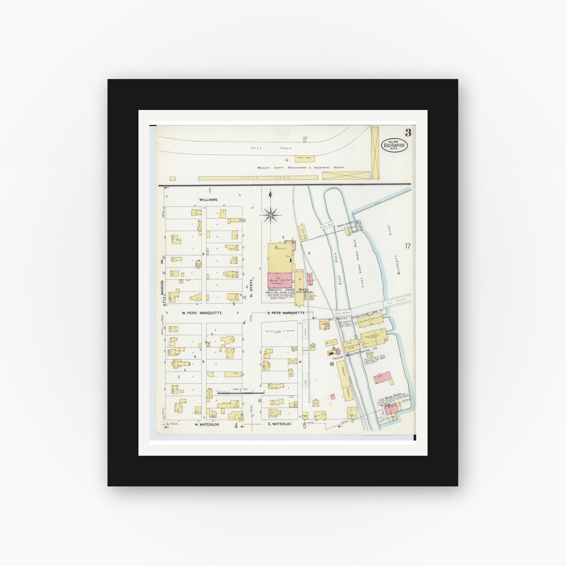 Old map wall art mockup — black gallery frame with white mat — Sanborn Fire Insurance Map from Big Rapids, Mecosta County, Michigan (1908), Sheet #0003