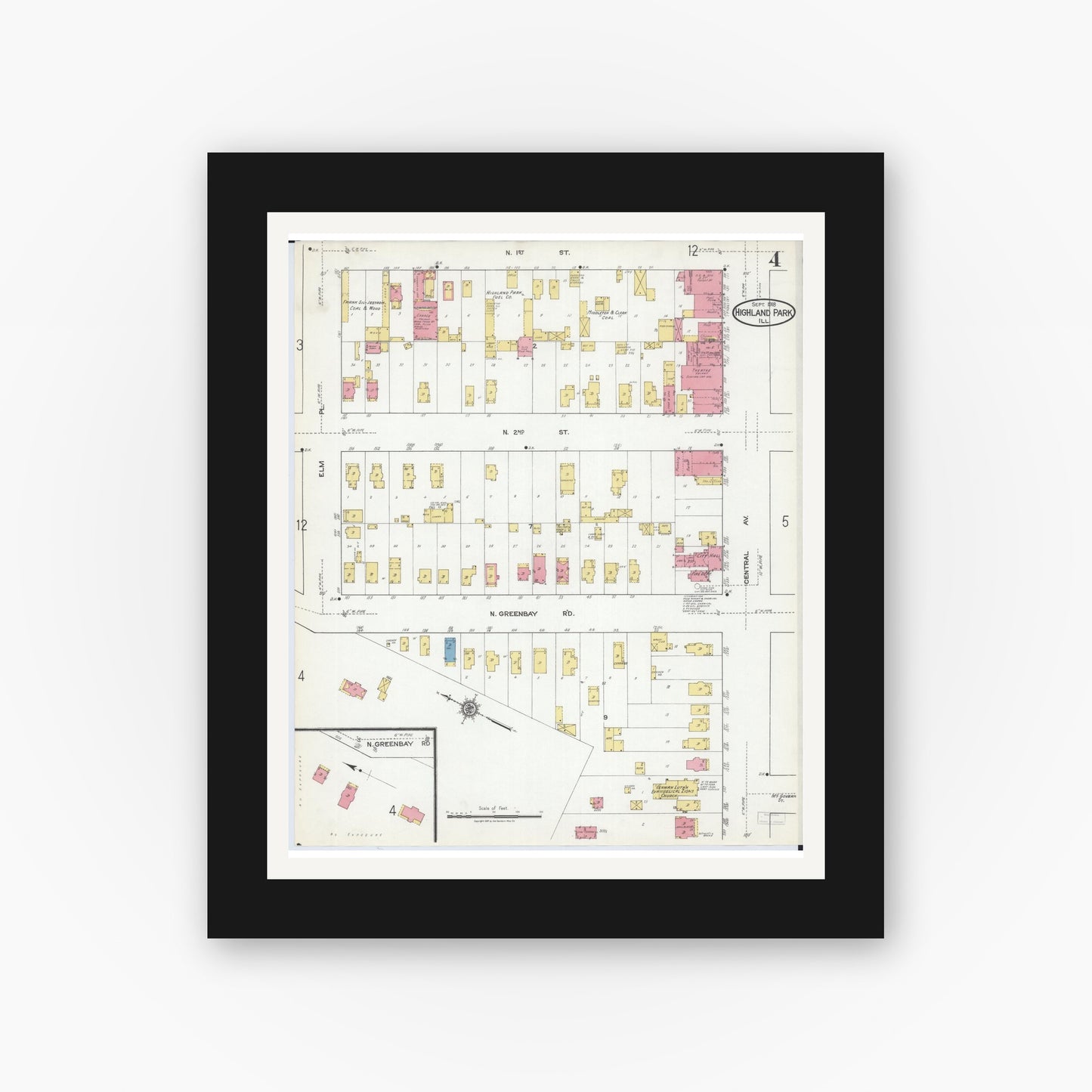 Old map wall art mockup — black gallery frame with white mat — Sanborn Fire Insurance Map from Highland Park, Lake County, Illinois (1918), Sheet #0004