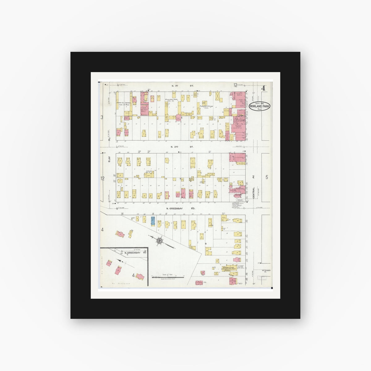 Old map wall art mockup — black gallery frame with white mat — Sanborn Fire Insurance Map from Highland Park, Lake County, Illinois (1918), Sheet #0004