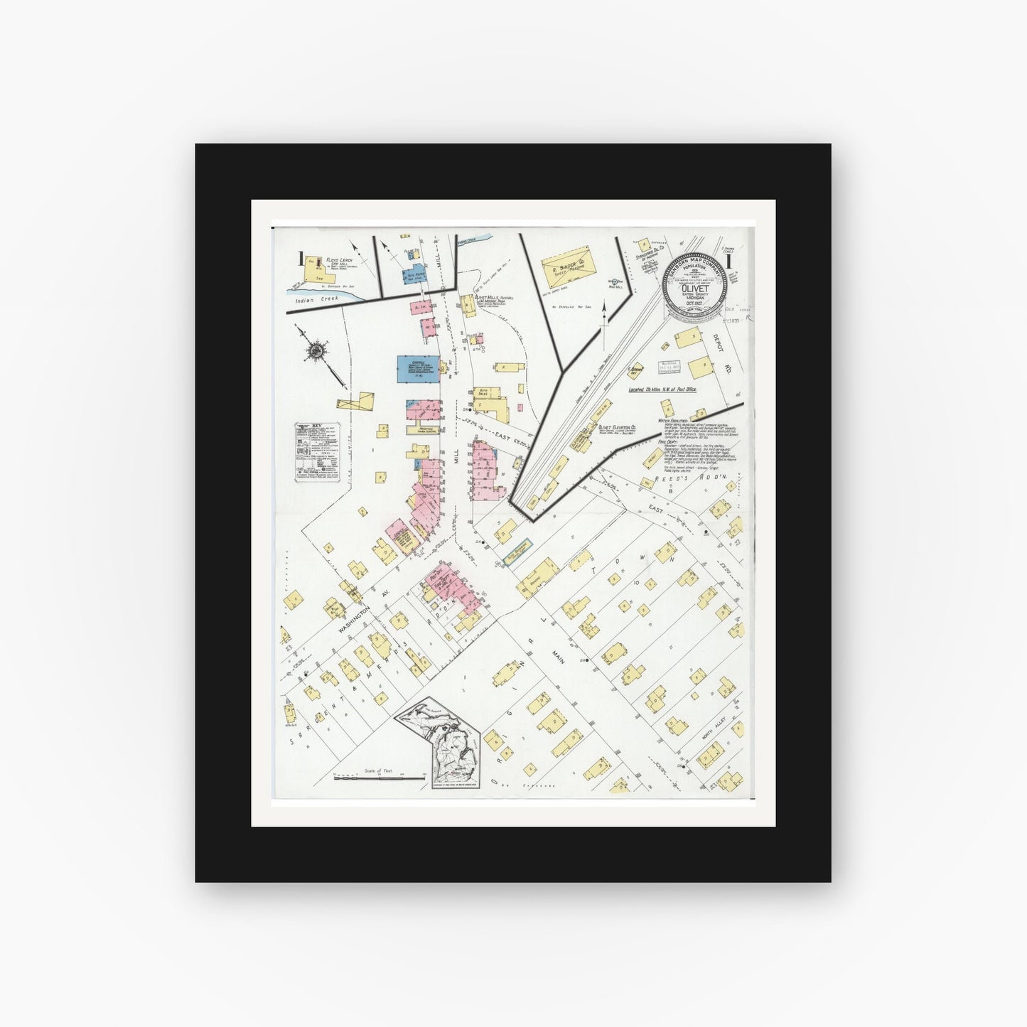 Old map wall art mockup — black gallery frame with white mat — Sanborn Fire Insurance Map from Olivet, Eaton County, Michigan (1927) - Complete Map Set