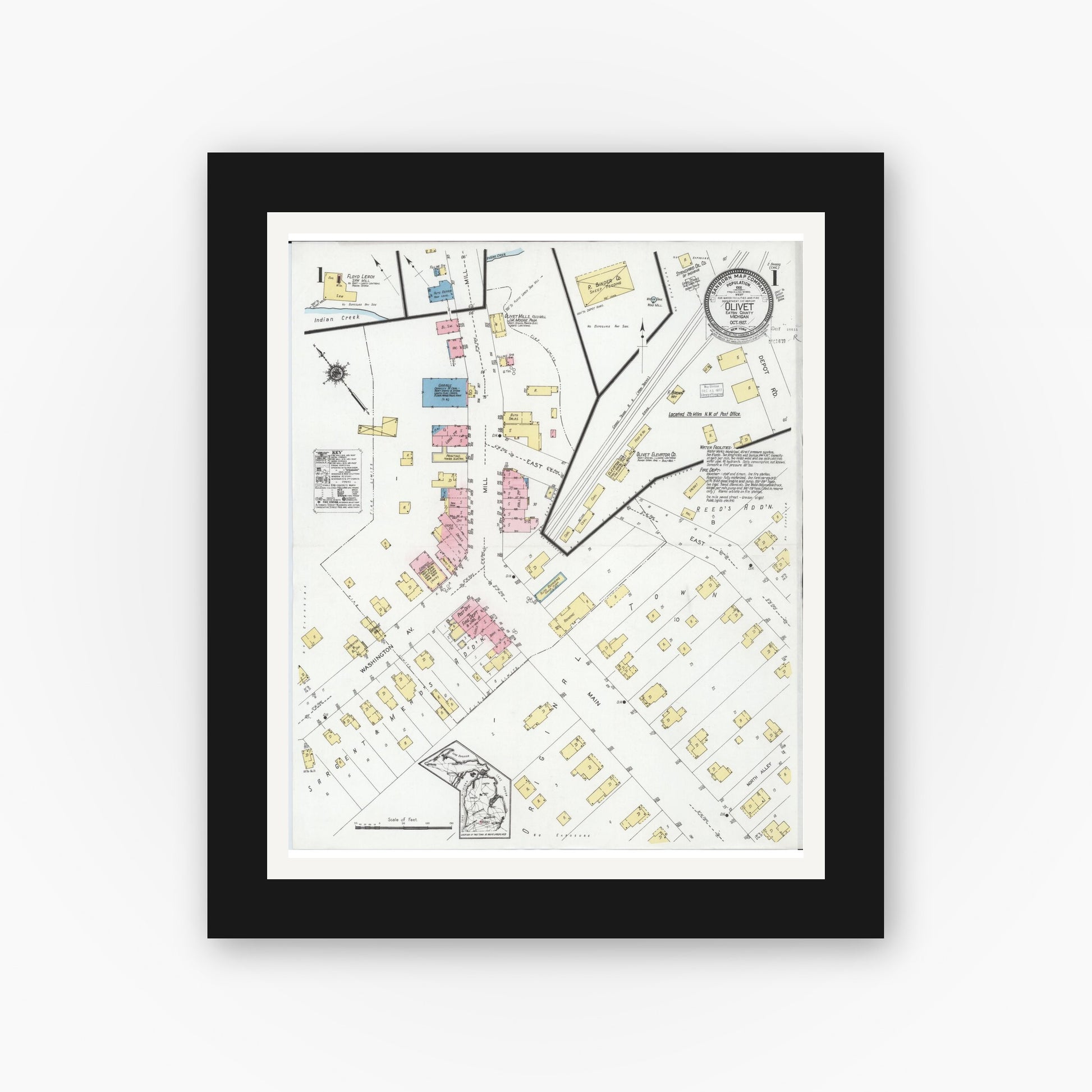 Old map wall art mockup — black gallery frame with white mat — Sanborn Fire Insurance Map from Olivet, Eaton County, Michigan (1927) - Complete Map Set