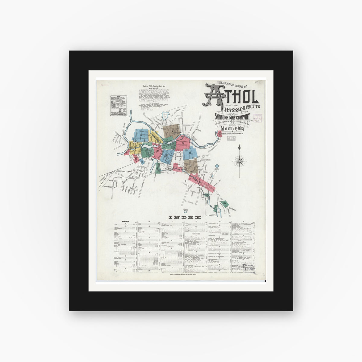 Old map wall art mockup — black gallery frame with white mat — Sanborn Fire Insurance Map from Athol, Worcester County, Massachusetts (1905), Sheet #0001