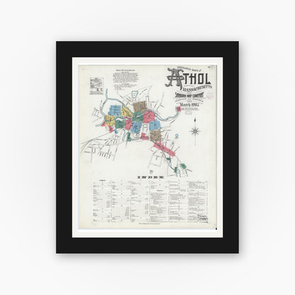 Old map wall art mockup — black gallery frame with white mat — Sanborn Fire Insurance Map from Athol, Worcester County, Massachusetts (1905), Sheet #0001