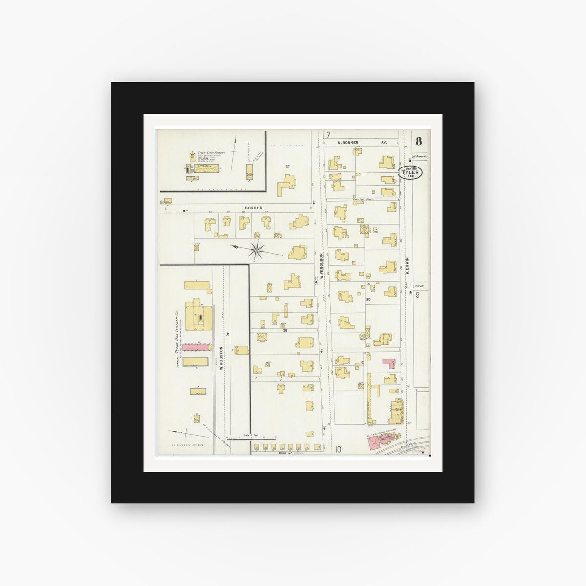 Old map wall art mockup — black gallery frame with white mat — Sanborn Fire Insurance Map from Tyler, Smith County, Texas (1898), Sheet #0008