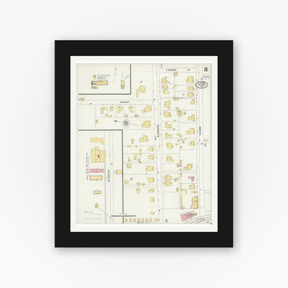 Old map wall art mockup — black gallery frame with white mat — Sanborn Fire Insurance Map from Tyler, Smith County, Texas (1898), Sheet #0008
