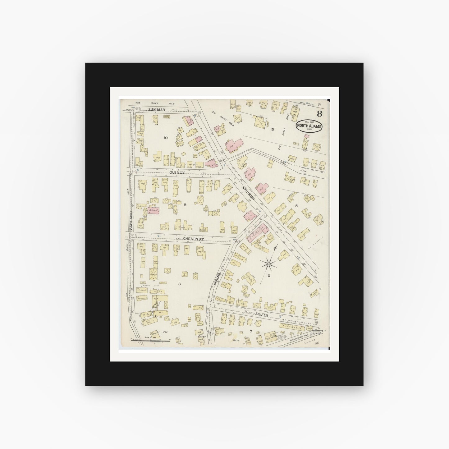 Old map wall art mockup — black gallery frame with white mat — Sanborn Fire Insurance Map from North Adams, Berkshire County, Massachusetts (1888), Sheet #0008