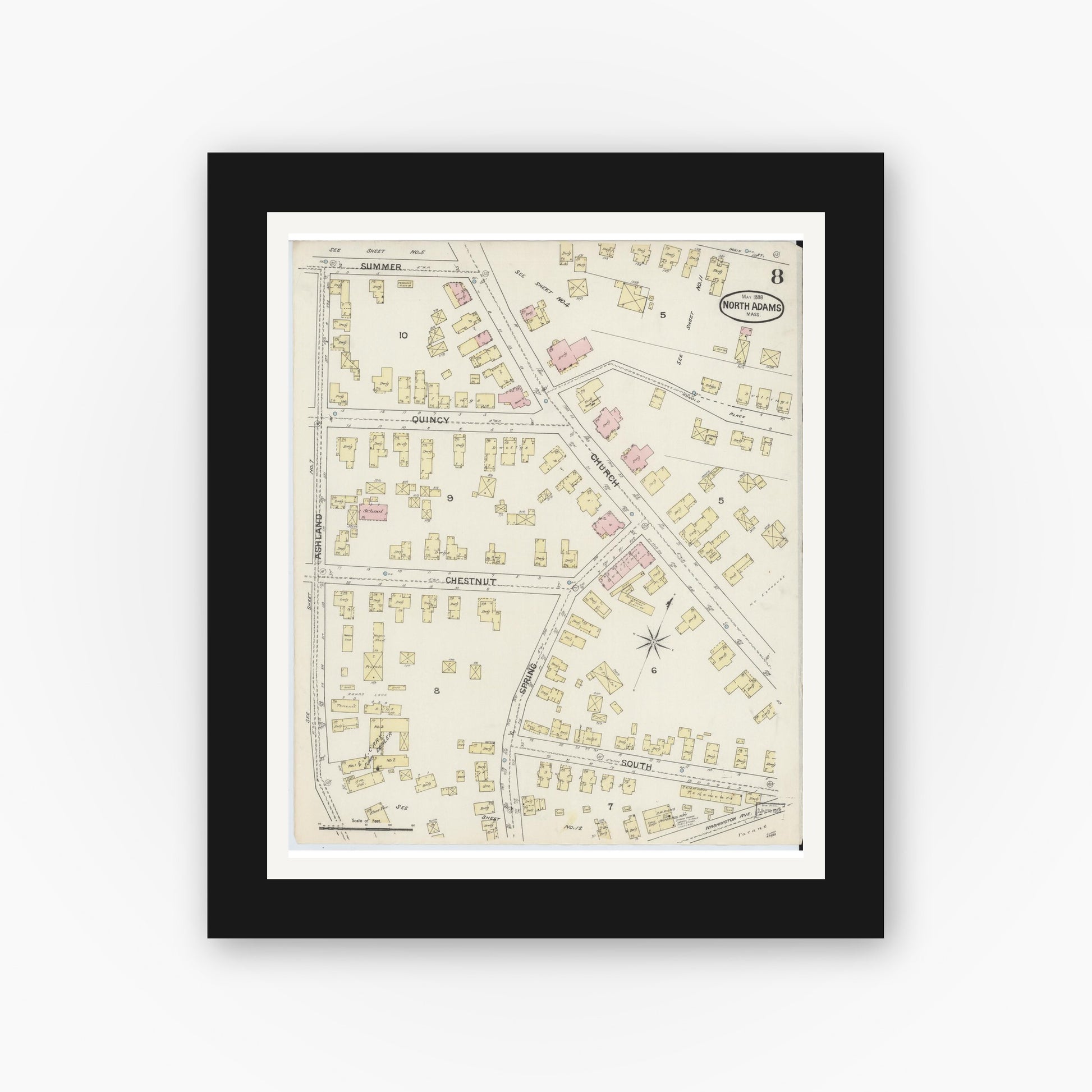 Old map wall art mockup — black gallery frame with white mat — Sanborn Fire Insurance Map from North Adams, Berkshire County, Massachusetts (1888), Sheet #0008
