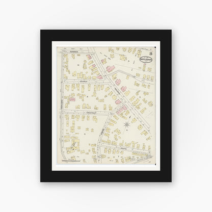 Old map wall art mockup — black gallery frame with white mat — Sanborn Fire Insurance Map from North Adams, Berkshire County, Massachusetts (1888), Sheet #0008
