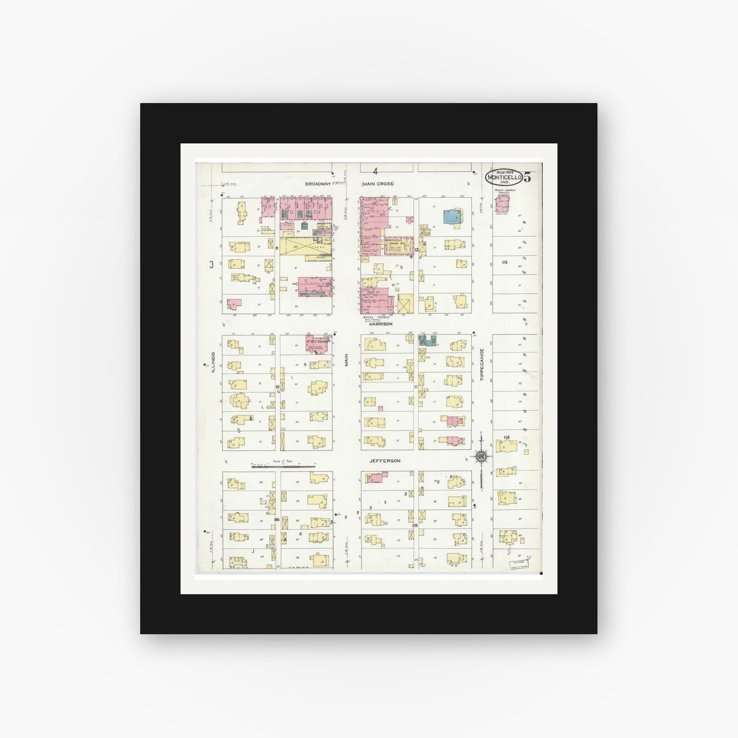 Old map wall art mockup — black gallery frame with white mat — Sanborn Fire Insurance Map from Monticello, White County, Indiana (1909), Sheet #0005