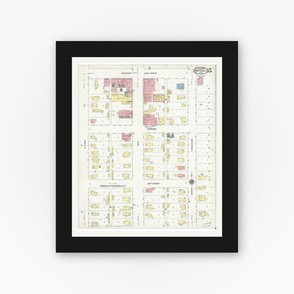 Old map wall art mockup — black gallery frame with white mat — Sanborn Fire Insurance Map from Monticello, White County, Indiana (1909), Sheet #0005