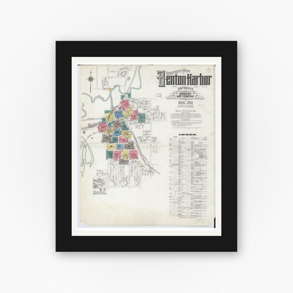Old map wall art mockup — black gallery frame with white mat — Sanborn Fire Insurance Map from Benton Harbor, Berrien County, Michigan (1911), Sheet #0001