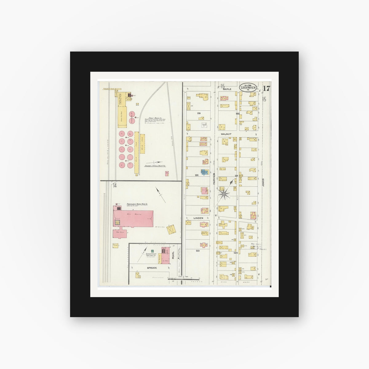 Old map wall art mockup — black gallery frame with white mat — Sanborn Fire Insurance Map from Lock Haven, Clinton County, Pennsylvania (1906), Sheet #0017