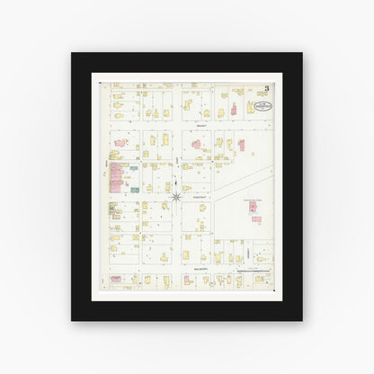 Old map wall art mockup — black gallery frame with white mat — Sanborn Fire Insurance Map from Greenfield, Greene County, Illinois (1906), Sheet #0003