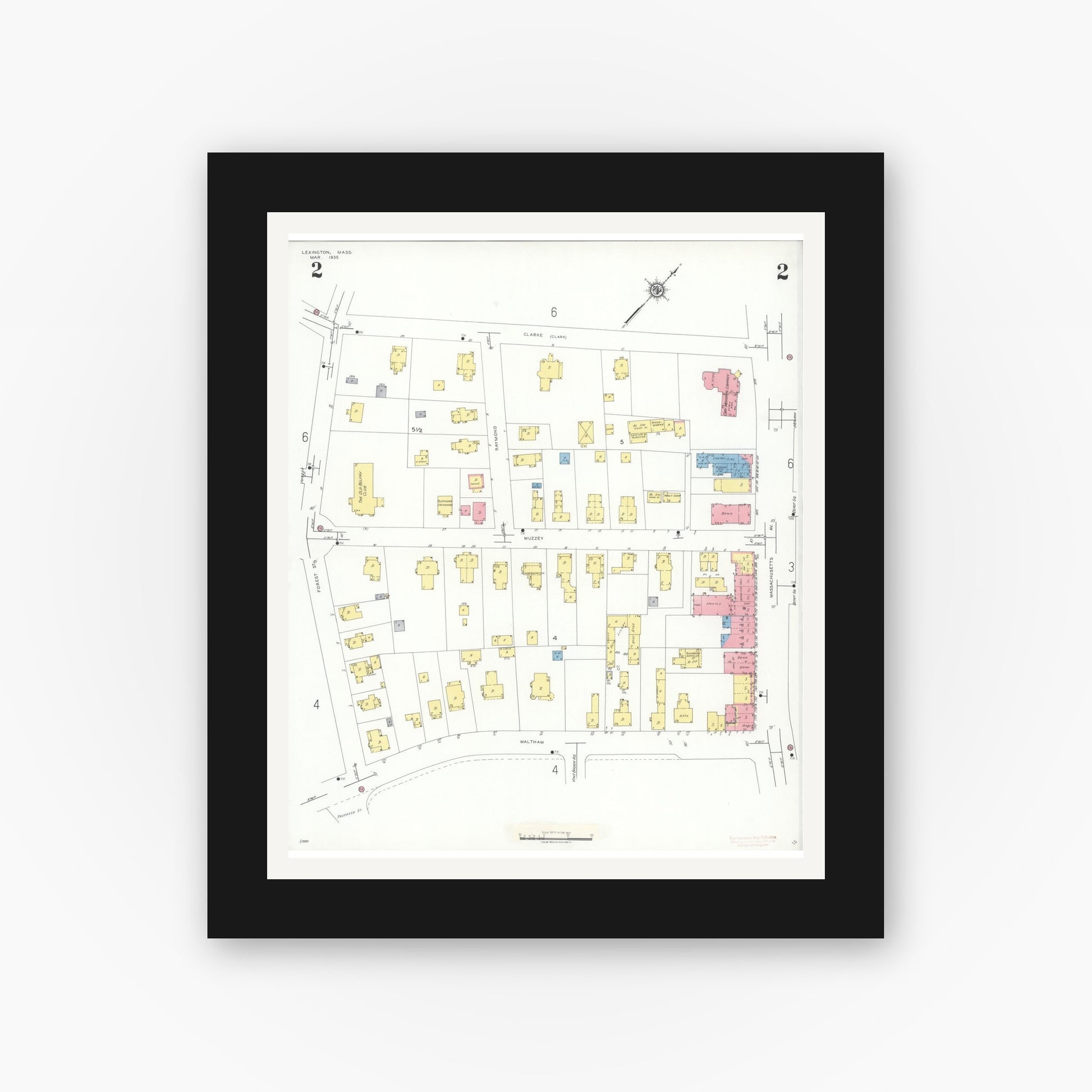 Old map wall art mockup — black gallery frame with white mat — Sanborn Fire Insurance Map from Lexington, Middlesex County, Massachusetts (1935), Sheet #0002