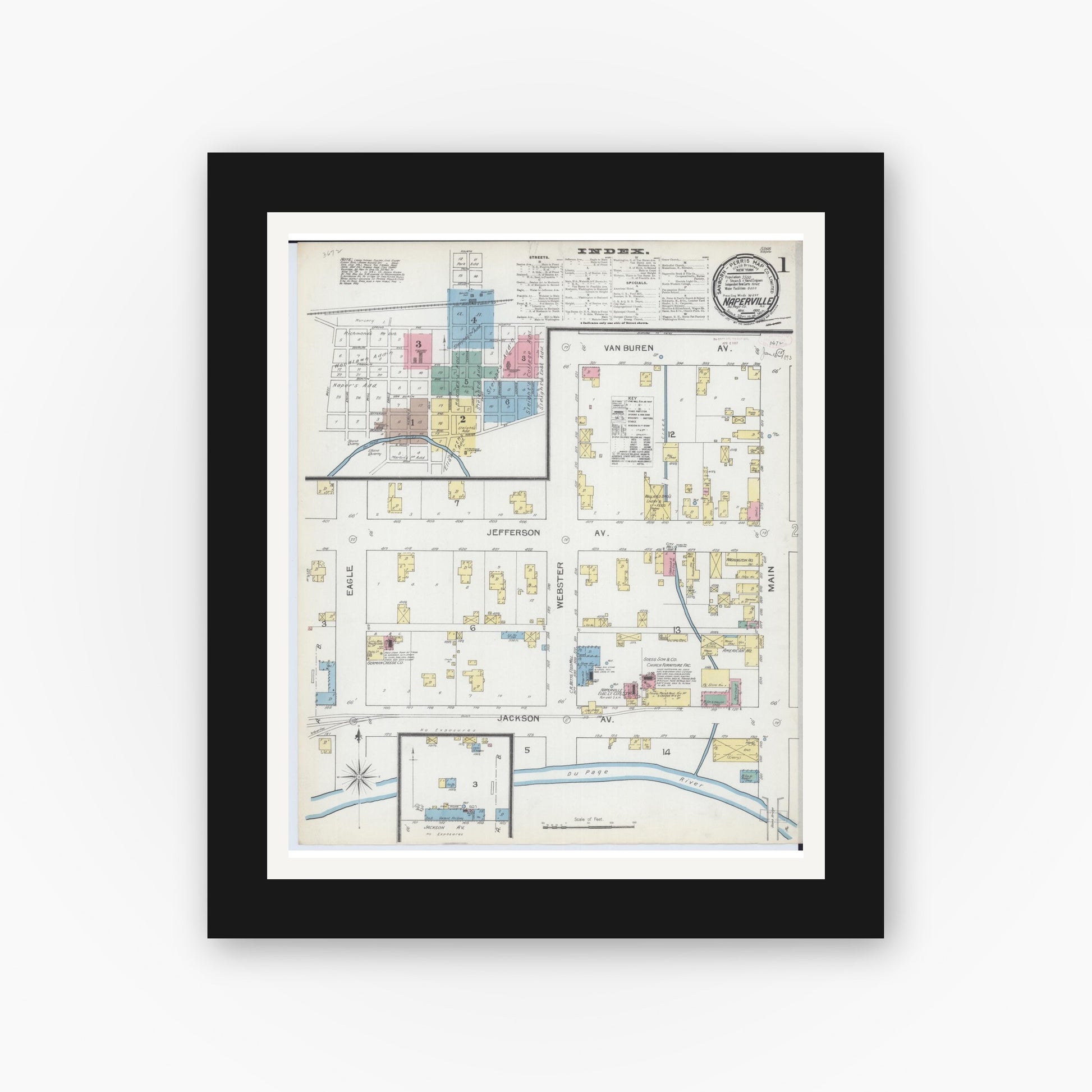 Old map wall art mockup — black gallery frame with white mat — Sanborn Fire Insurance Map from Naperville, Du Page County, Illinois (1892) - Complete Map Set