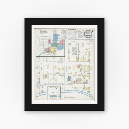 Old map wall art mockup — black gallery frame with white mat — Sanborn Fire Insurance Map from Naperville, Du Page County, Illinois (1892) - Complete Map Set