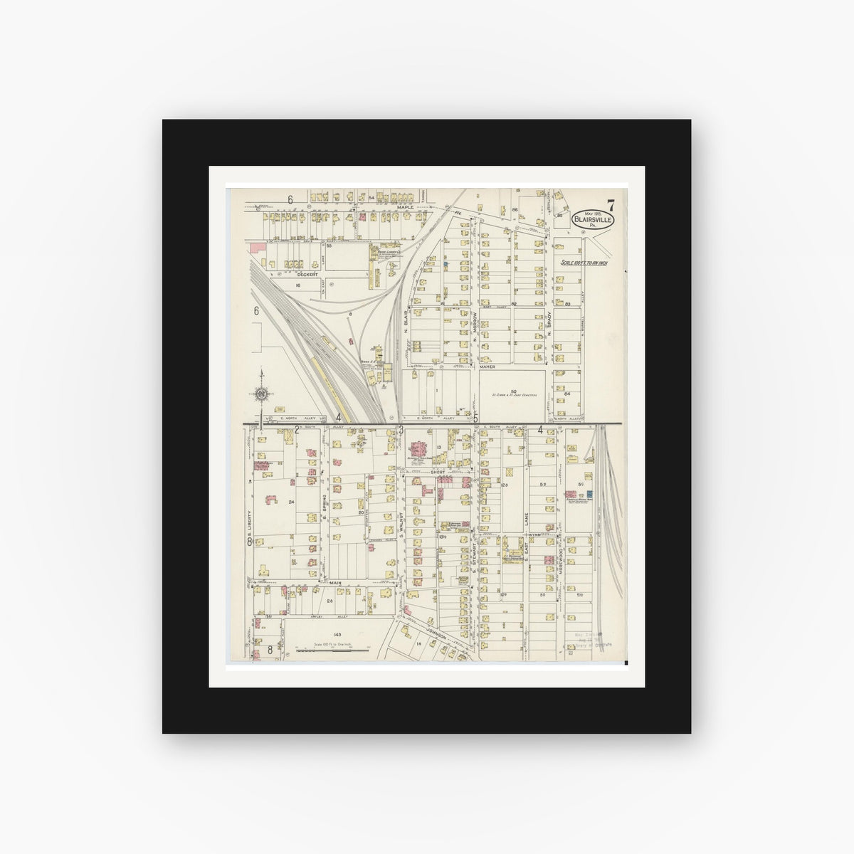 Old map wall art mockup — black gallery frame with white mat — Sanborn Fire Insurance Map from Blairsville, Indiana County, Pennsylvania (1915), Sheet #0007