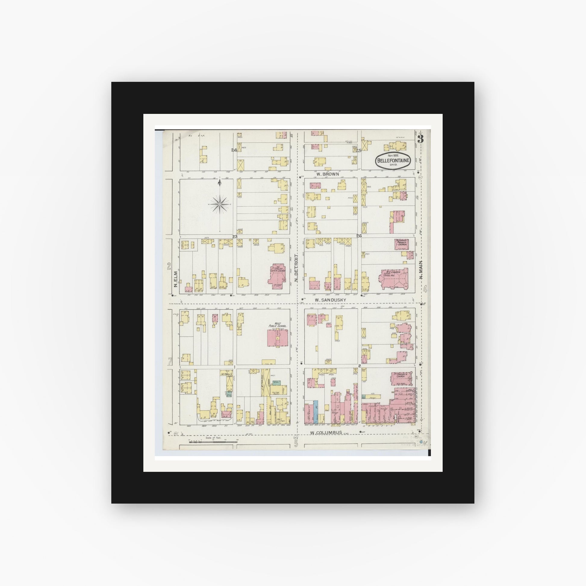 Old map wall art mockup — black gallery frame with white mat — Sanborn Fire Insurance Map from Bellefontaine, Logan County, Ohio (1892), Sheet #0003