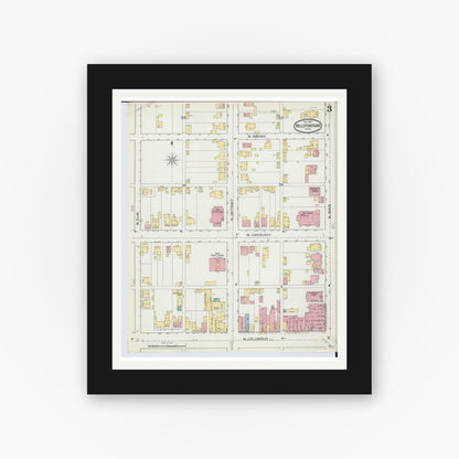 Old map wall art mockup — black gallery frame with white mat — Sanborn Fire Insurance Map from Bellefontaine, Logan County, Ohio (1892), Sheet #0003