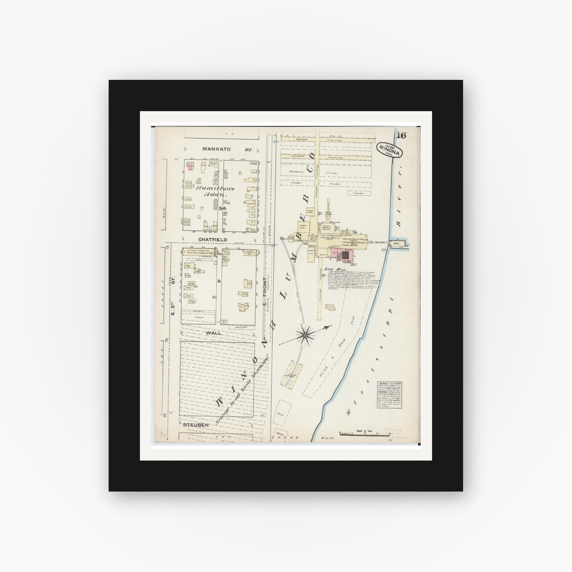 Old map wall art mockup — black gallery frame with white mat — Sanborn Fire Insurance Map from Winona, Winona County, Minnesota (1884), Sheet #0016