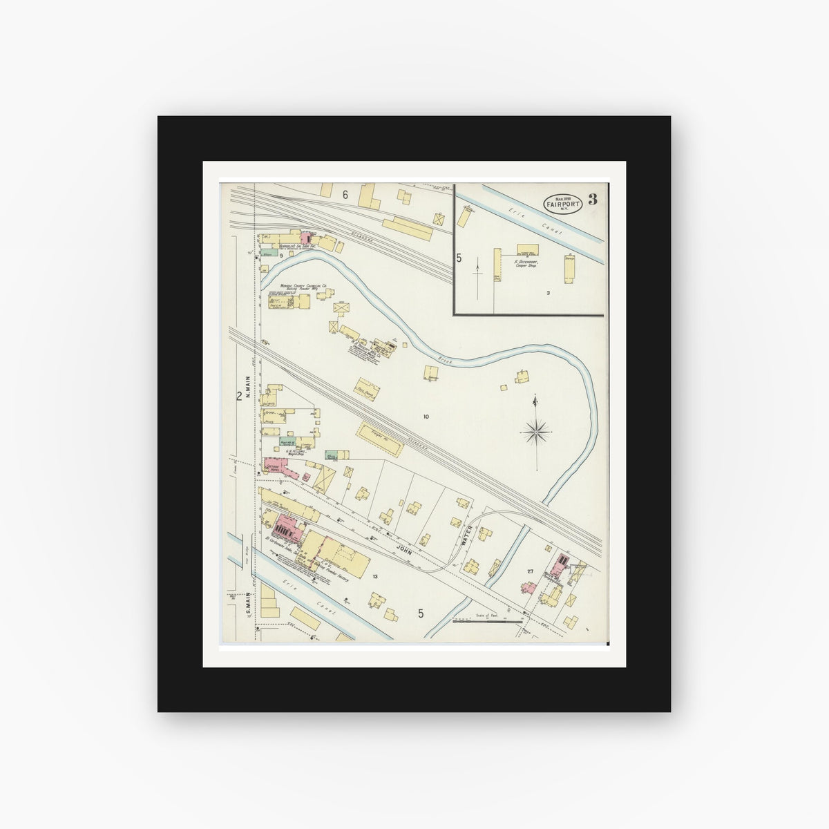 Old map wall art mockup — black gallery frame with white mat — Sanborn Fire Insurance Map from Fairport, Monroe County, New York (1898), Sheet #0003