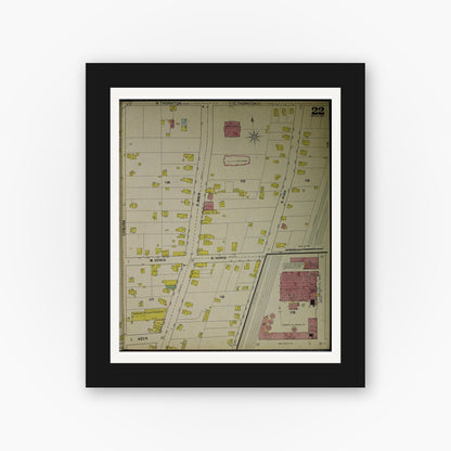 Old map wall art mockup — black gallery frame with white mat — Sanborn Fire Insurance Map from Akron, Summit County, Ohio (1892), Sheet #0022