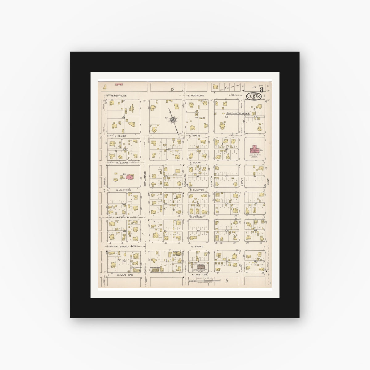 Old map wall art mockup — black gallery frame with white mat — Sanborn Fire Insurance Map from Cuero, De Witt County, Texas (1922), Sheet #0008