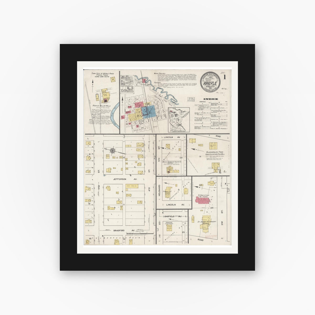 Old map wall art mockup — black gallery frame with white mat — Sanborn Fire Insurance Map from Argyle, Marshall County, Minnesota (1922), Sheet #0001