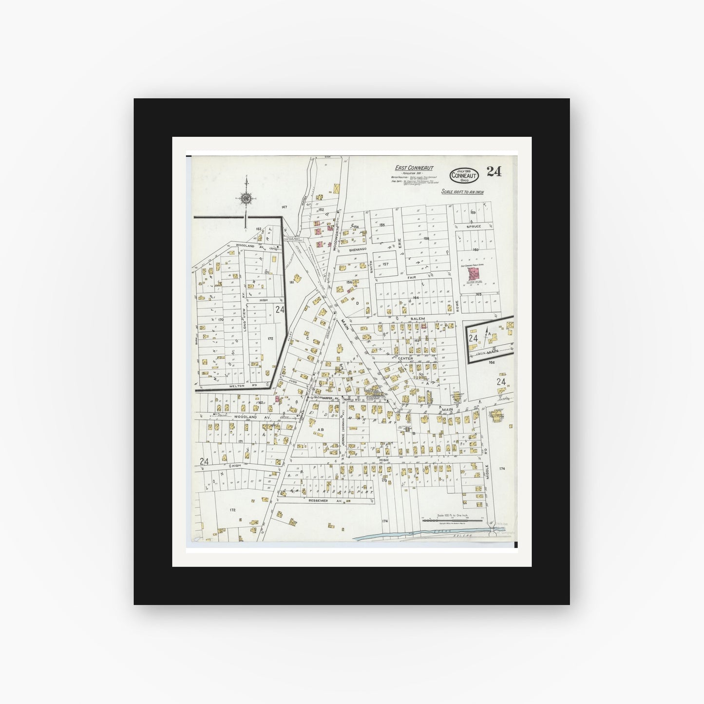 Old map wall art mockup — black gallery frame with white mat — Sanborn Fire Insurance Map from Conneaut, Ashtabula County, Ohio (1919), Sheet #0024