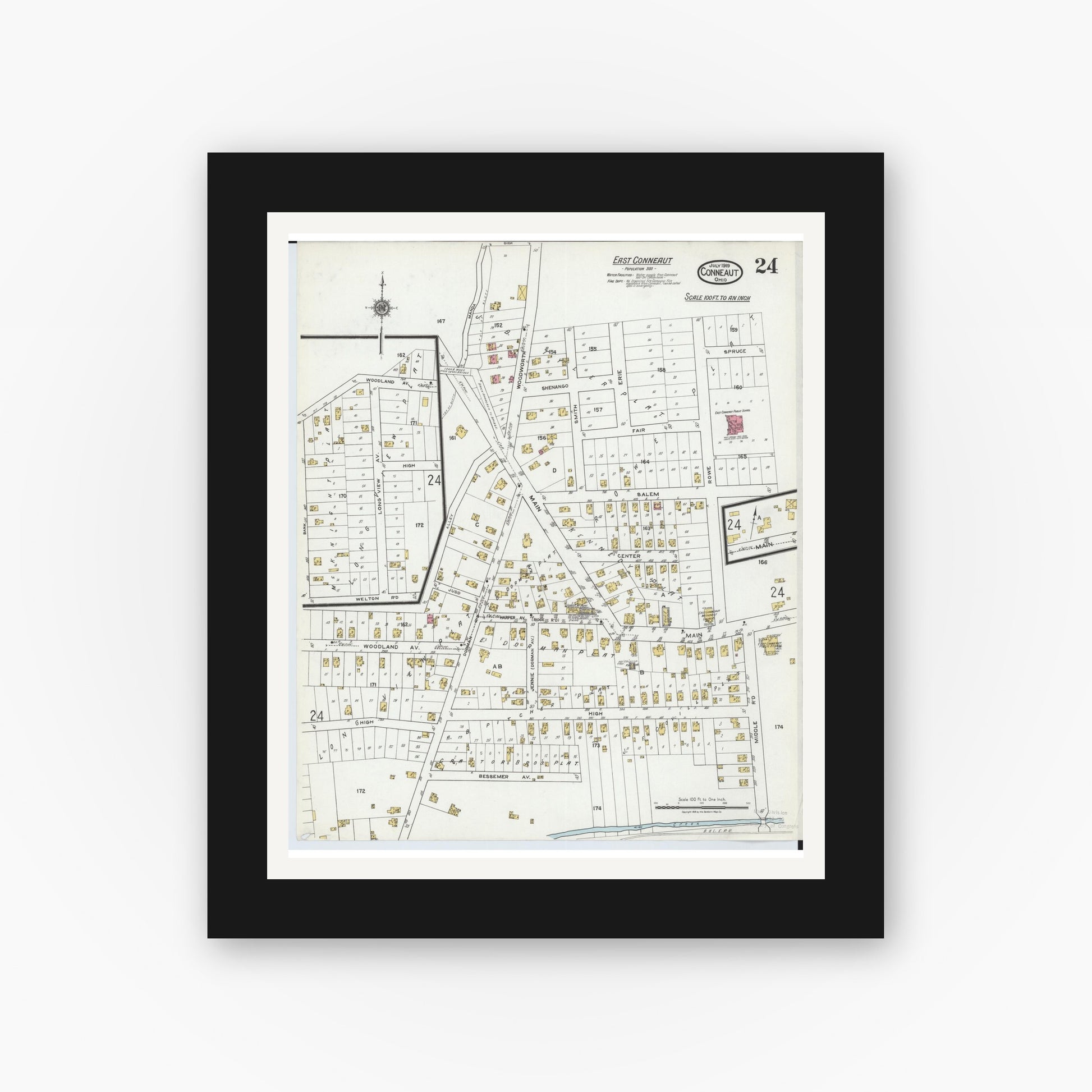 Old map wall art mockup — black gallery frame with white mat — Sanborn Fire Insurance Map from Conneaut, Ashtabula County, Ohio (1919), Sheet #0024