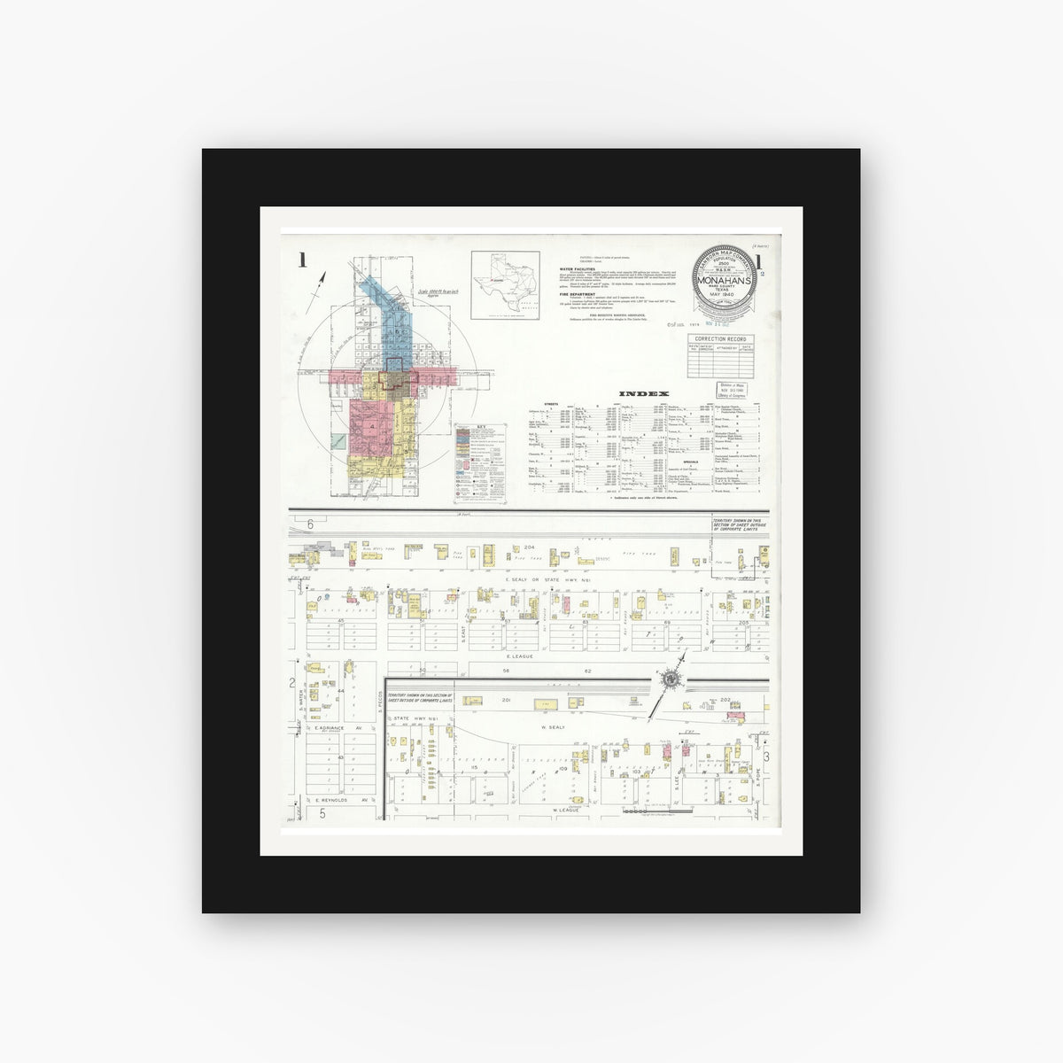 Old map wall art mockup — black gallery frame with white mat — Sanborn Fire Insurance Map from Monahans, Ward County, Texas (1940) - Complete Map Set