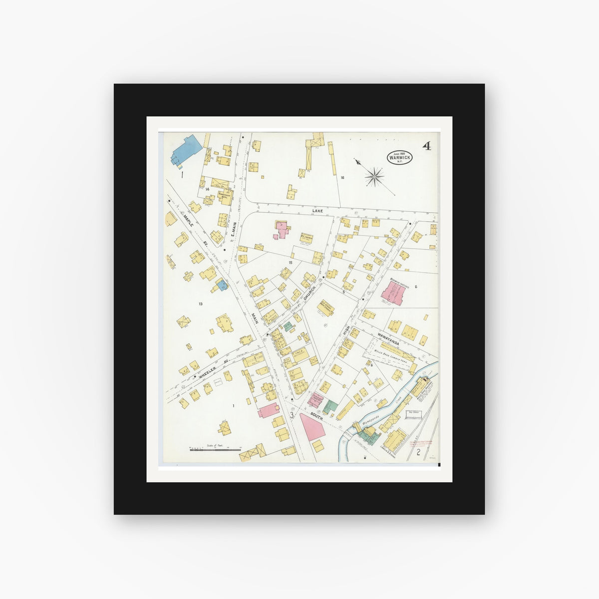 Old map wall art mockup — black gallery frame with white mat — Sanborn Fire Insurance Map from Warwick, Orange County, New York (1905), Sheet #0004