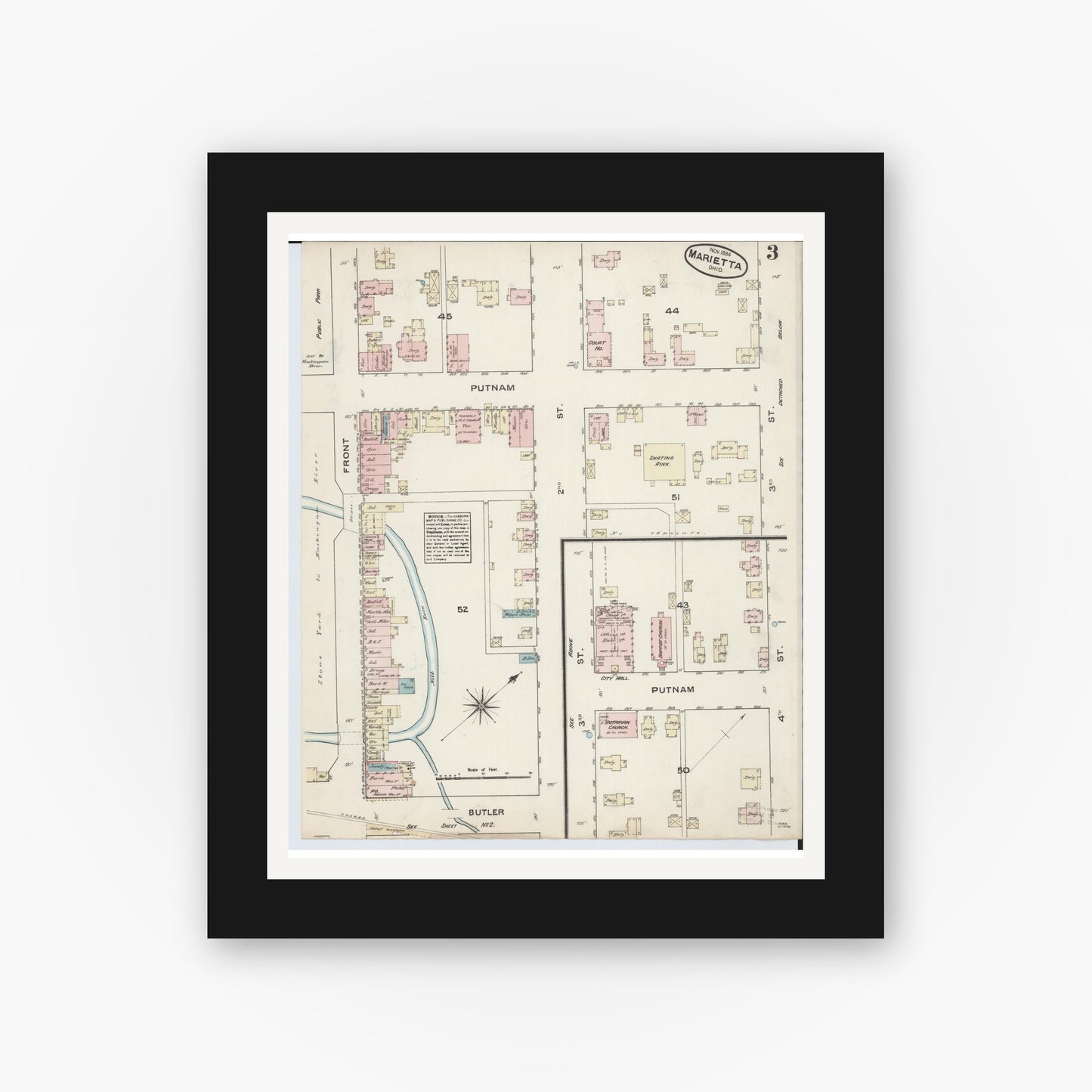 Old map wall art mockup — black gallery frame with white mat — Sanborn Fire Insurance Map from Marietta, Washington County, Ohio (1884), Sheet #0003