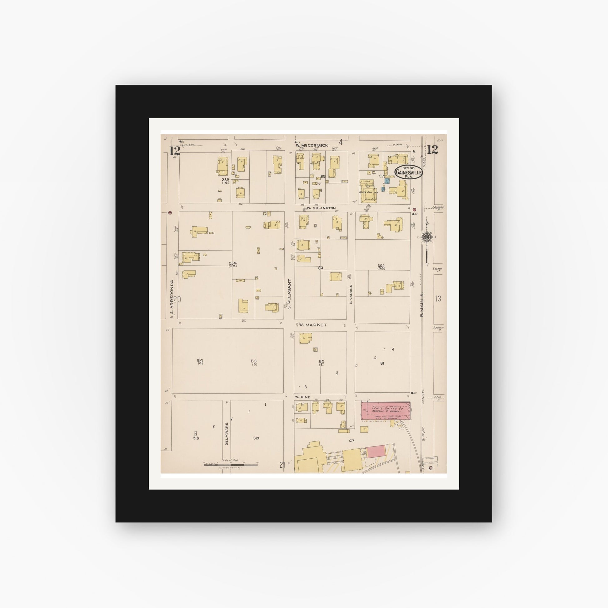 Old map wall art mockup — black gallery frame with white mat — Sanborn Fire Insurance Map from Gainesville, Alachua County, Florida (1922), Sheet #0012