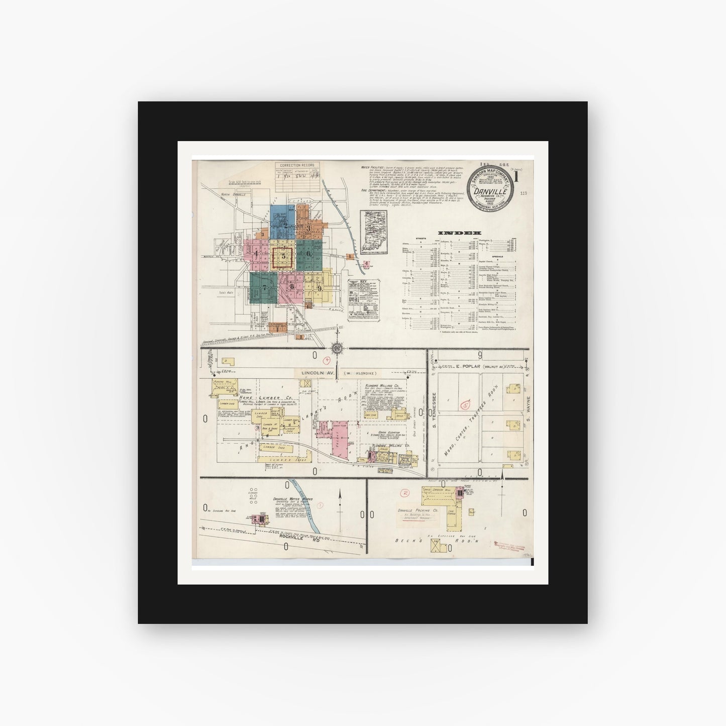 Old map wall art mockup — black gallery frame with white mat — Sanborn Fire Insurance Map from Danville, Hendricks County, Indiana (1932) - Complete Map Set