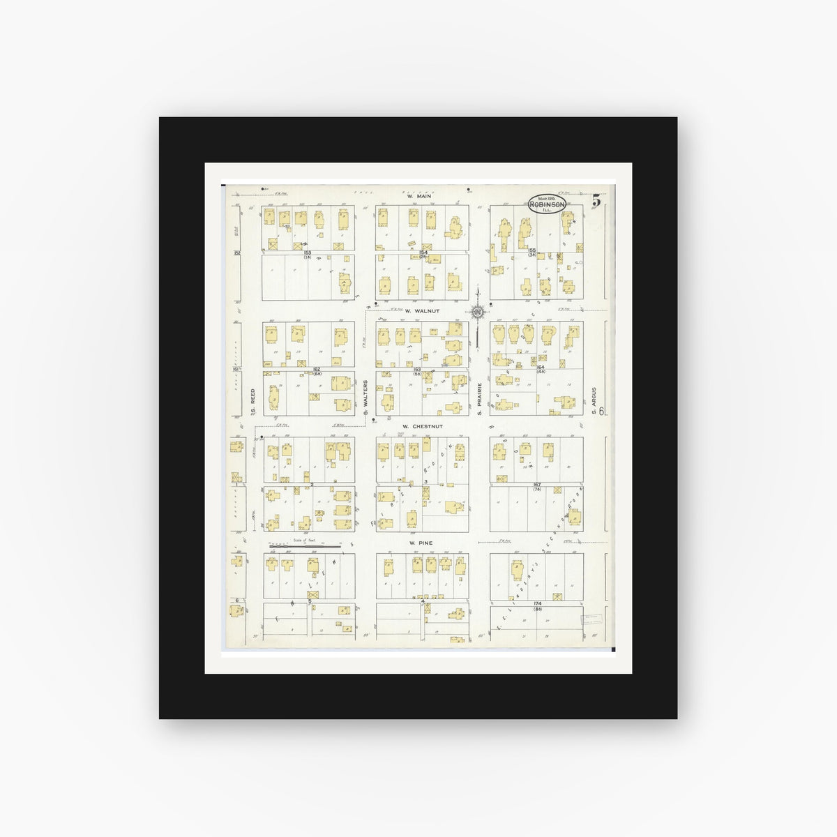 Old map wall art mockup — black gallery frame with white mat — Sanborn Fire Insurance Map from Robinson, Crawford County, Illinois (1916), Sheet #0005