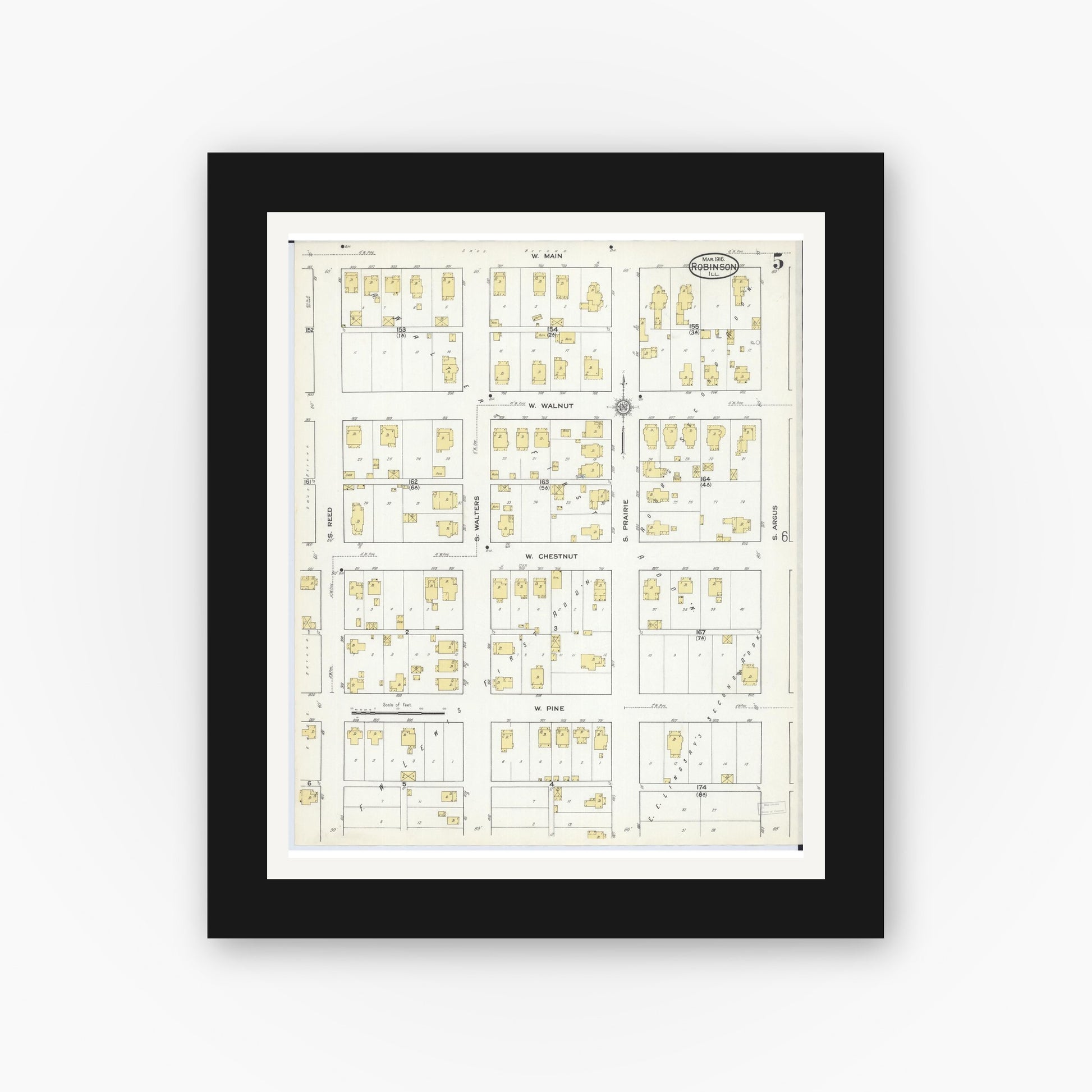 Old map wall art mockup — black gallery frame with white mat — Sanborn Fire Insurance Map from Robinson, Crawford County, Illinois (1916), Sheet #0005