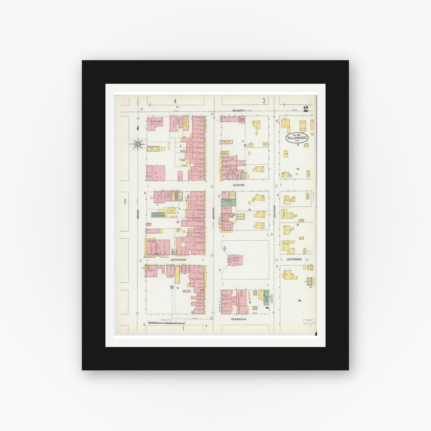 Old map wall art mockup — black gallery frame with white mat — Sanborn Fire Insurance Map from Tallahassee, Leon County, Florida (1903), Sheet #0002