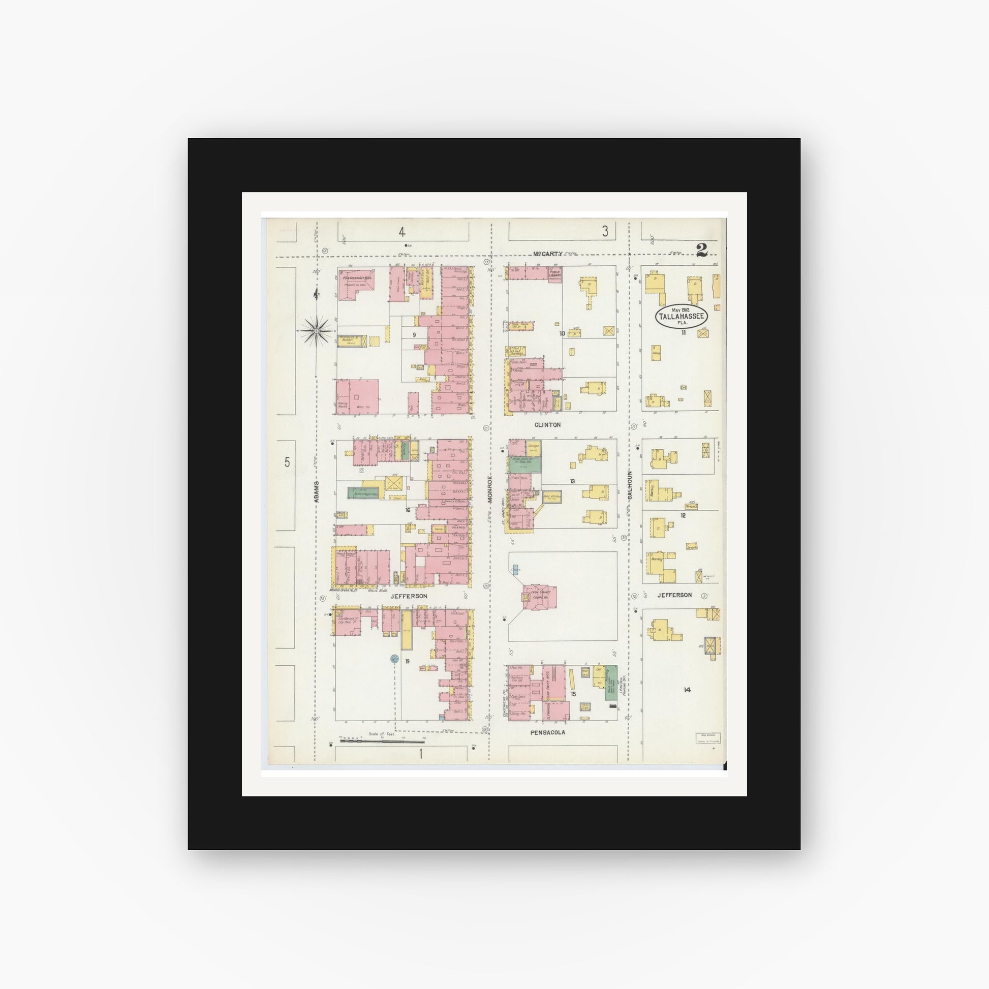 Old map wall art mockup — black gallery frame with white mat — Sanborn Fire Insurance Map from Tallahassee, Leon County, Florida (1903), Sheet #0002