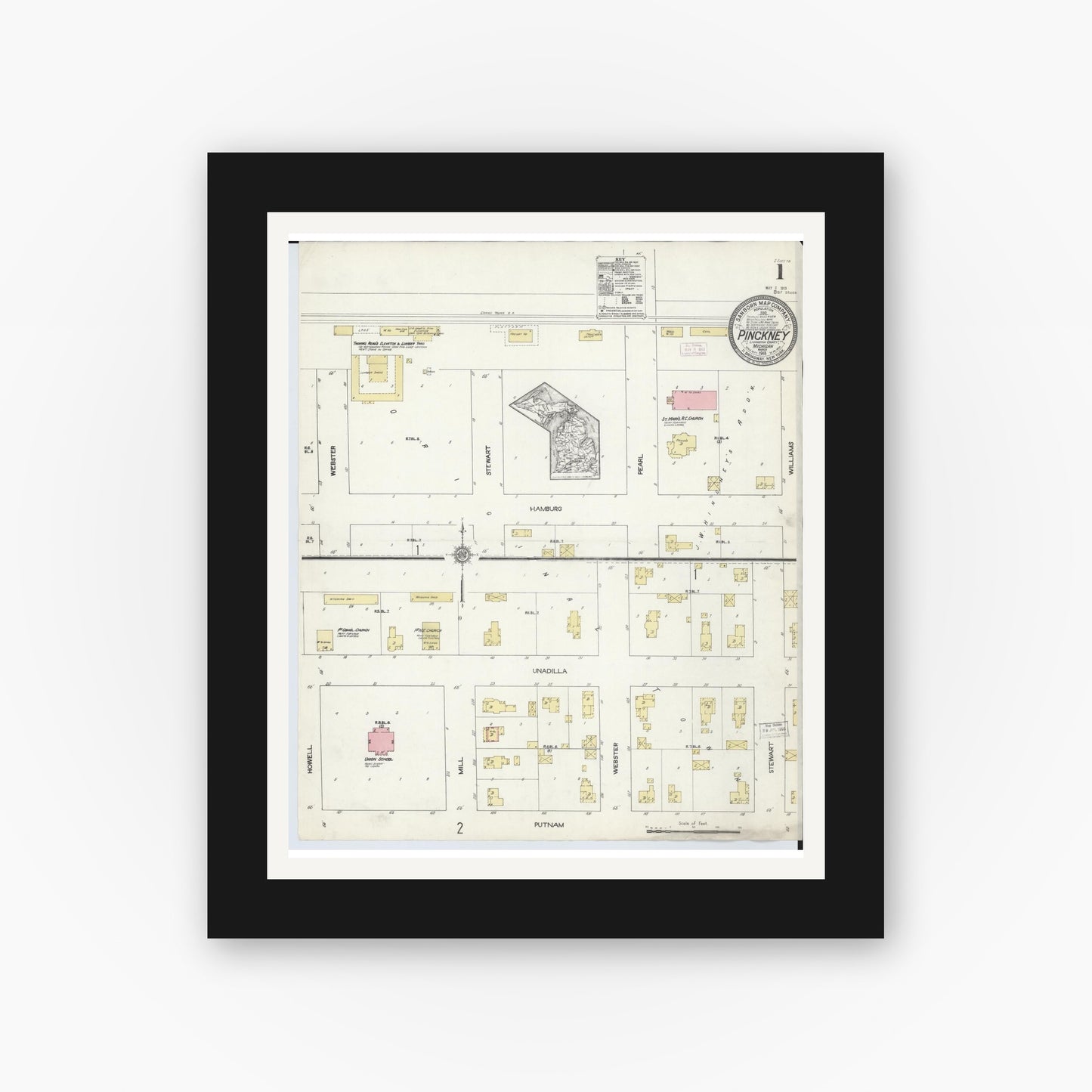 Old map wall art mockup — black gallery frame with white mat — Sanborn Fire Insurance Map from Pinckney, Livingston County, Michigan (1913) - Complete Map Set