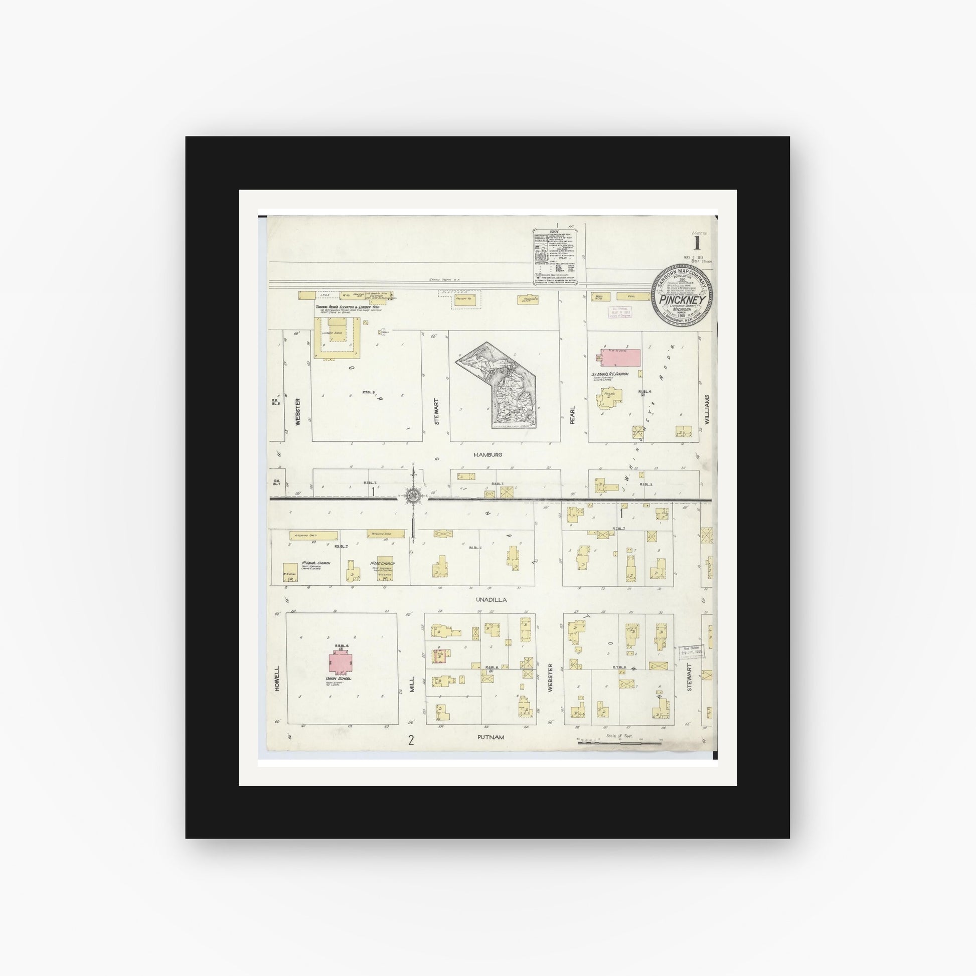 Old map wall art mockup — black gallery frame with white mat — Sanborn Fire Insurance Map from Pinckney, Livingston County, Michigan (1913) - Complete Map Set