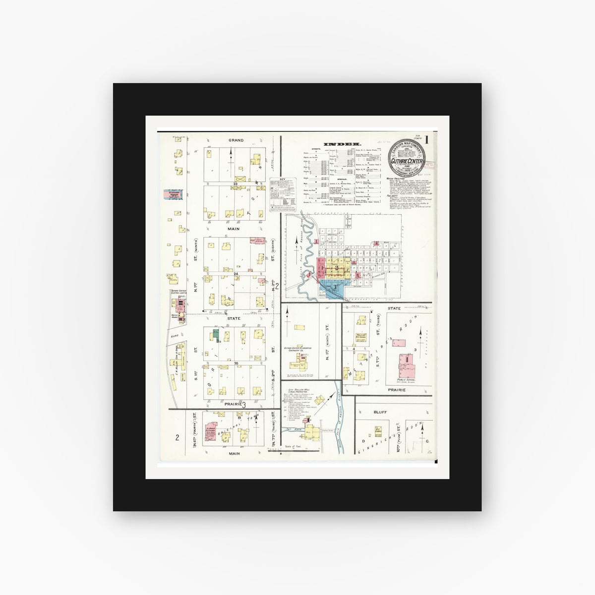 Old map wall art mockup — black gallery frame with white mat — Sanborn Fire Insurance Map from Guthrie Center, Guthrie County, Iowa (1909), Sheet #0001