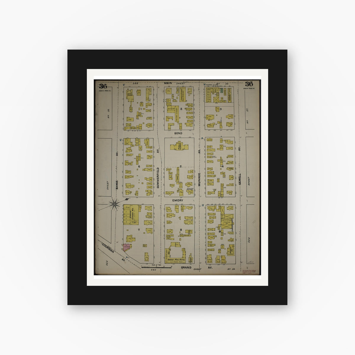 Old map wall art mockup — black gallery frame with white mat — Sanborn Fire Insurance Map from New Jersey Coast, New Jersey Coast, New Jersey (1890), Sheet #0036