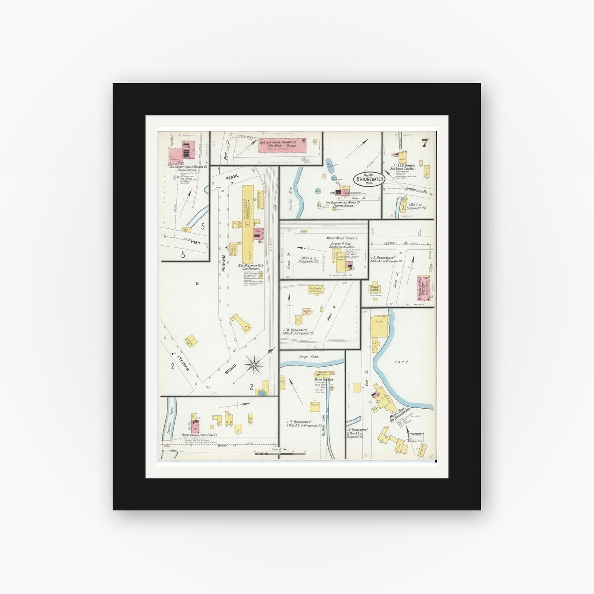 Old map wall art mockup — black gallery frame with white mat — Sanborn Fire Insurance Map from Bridgewater, Plymouth County, Massachusetts (1901), Sheet #0007